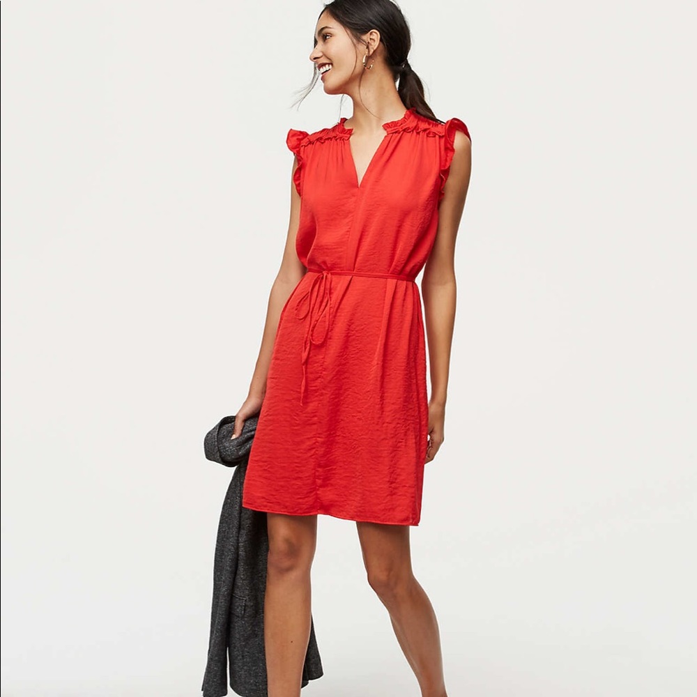 LOFT Red Tie Waist Ruffle Dress